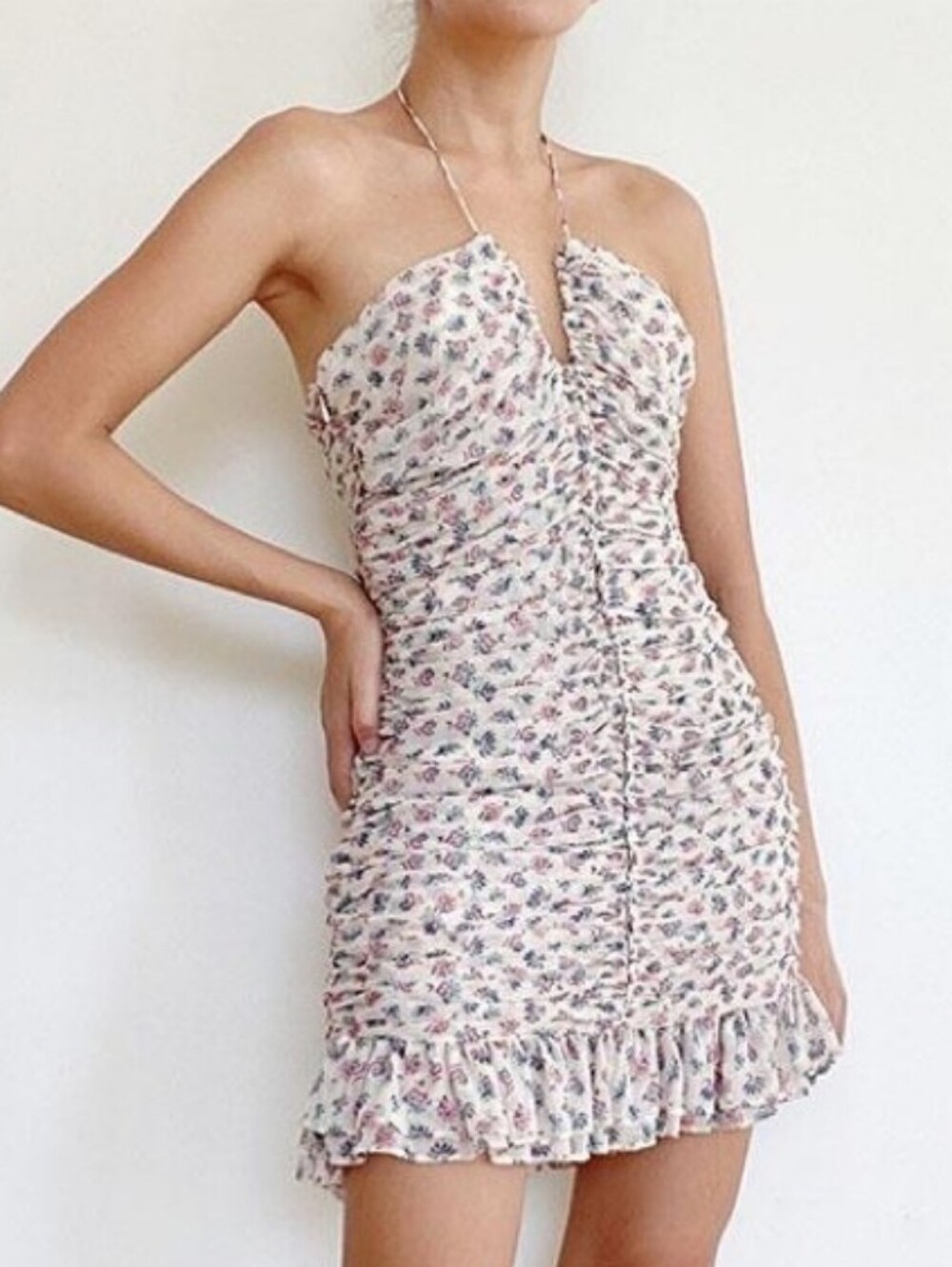 Zara cream ruched halter mini dress with subtle floral and metallic accents